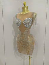 2025 New Sparkly Diamonds Crystal Sexy Mesh See Through Mini Dress Women Birthday Party Club Celebrate Stage Performance Costume